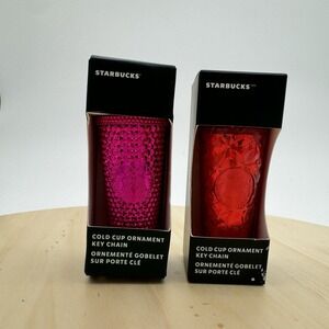 Starbucks Cold Cup Ornament Keychain Lot Of 2 Red Pink New In Box Holiday Gift